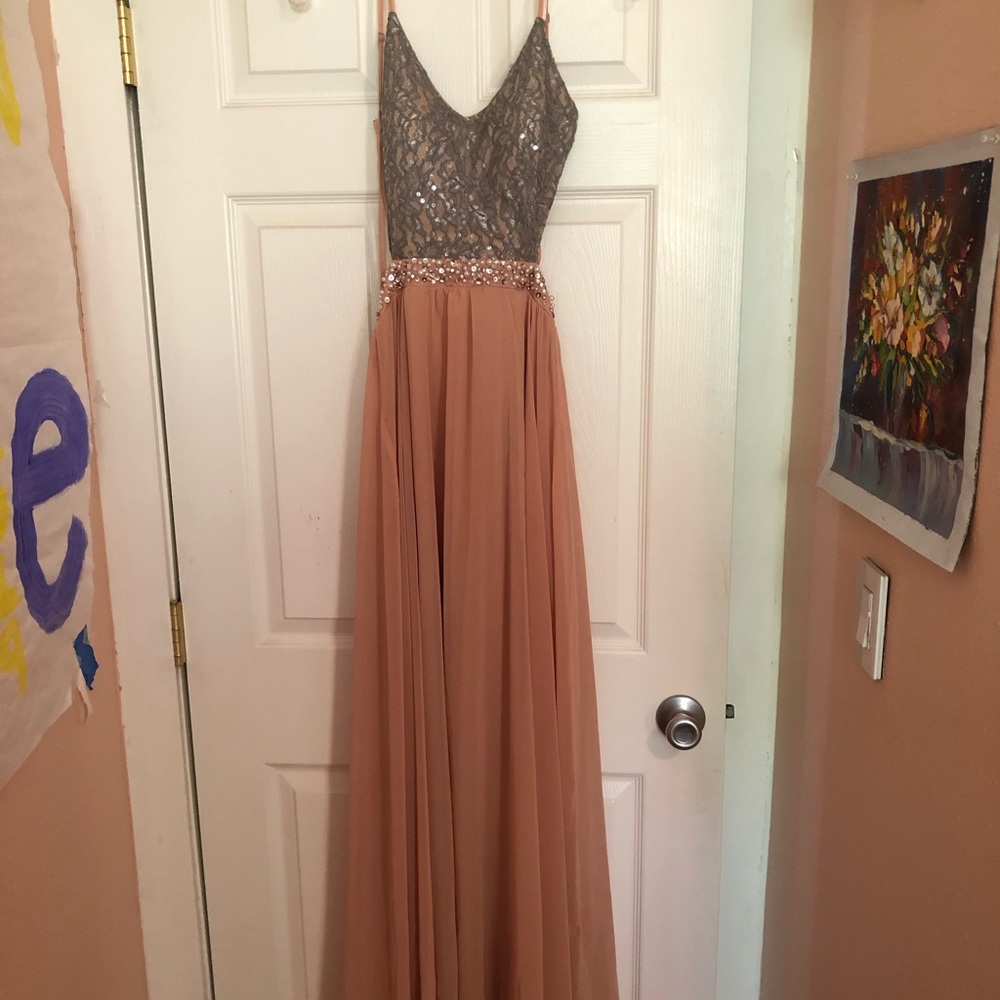Peach and silver prom dress